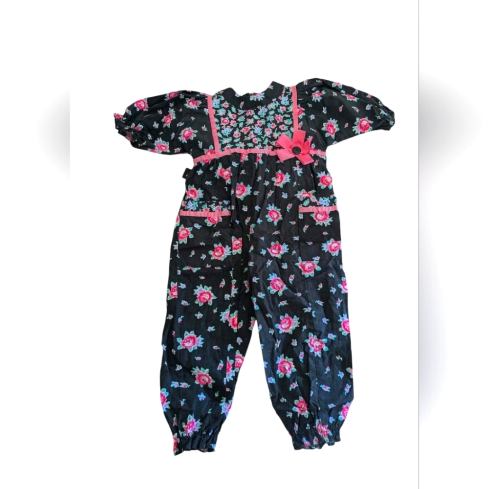 Vintage 80s 3T Pink & Black Floral Jumpsuit